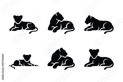 A set of black and white lion cub silhouettes on a plain background