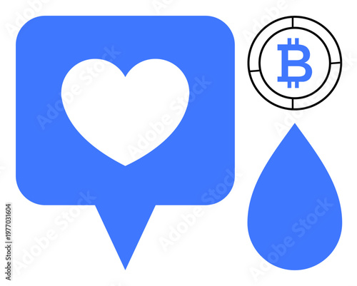 Social media, cryptocurrency, blockchain, online transactions, financial donation, digital connection. Blue heart in a chat bubble, Bitcoin coin and a droplet. Social media and cryptocurrency