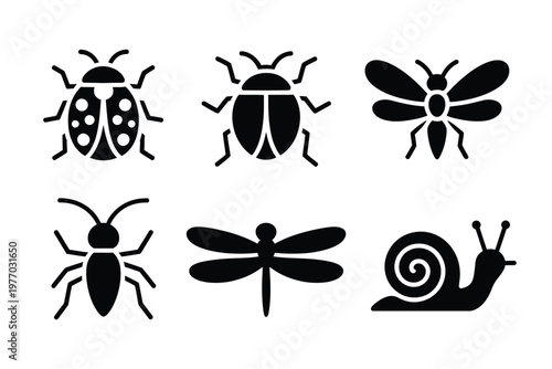 A set of black insect silhouettes on a white background