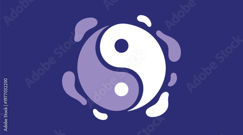 Purple and White Yin Yang Symbol with Liquid Splashes Modern Flat Minimalist Design Zen Meditation Background for Digital Media Web and Print