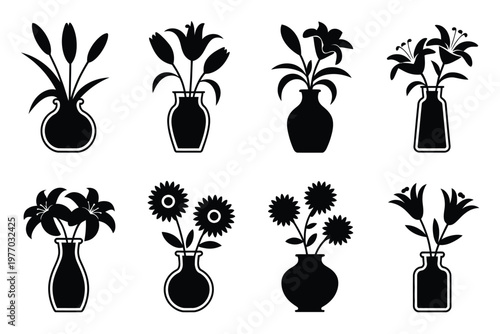 A collection of black silhouettes of flowers in vases on white