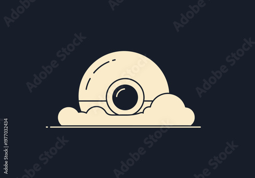 Minimalist Vector Illustration of a Futuristic Dome Camera or Habitat Floating Above Clouds on a Dark Background