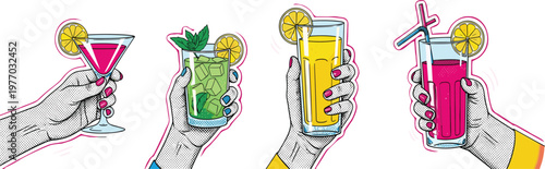 Vibrant Cocktail Drinks Set with Hands Holding Colorful Beverages, Lemon Garnish and Ice Cubes, Summer Refreshment Collection, Pop Art Vector Illustration Design