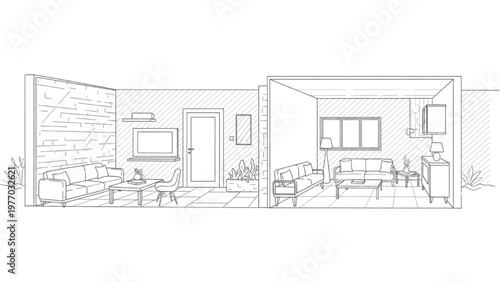 Vector CAD drawing of a modern living room interior with furniture and kitchen