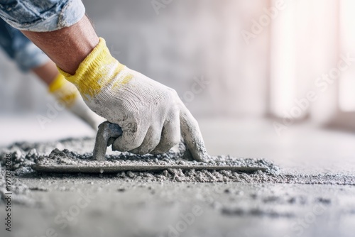 Mason using tool to level freshly poured grey concrete screed. Construction site of building pouring cement. Self Leveling wet mortar for floors. Master plasterer renovation home banner. Close-up hand