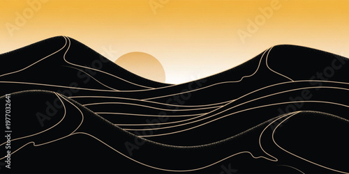 Abstract Desert Landscape with Minimal Line Art Dunes and Sunset Gradient in Modern Aesthetic Style for Background, Wallpaper, and Contemporary Design