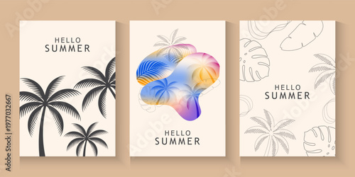 Summer tropical minimal background with tropical palm leaves. colorful gradient tropical leaves nature cards collection for summer holiday or spring poster cover, flayer, abstract background.
