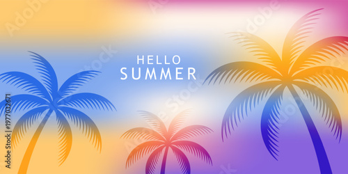 Summer tropical minimal background with tropical palm leaves. colorful gradient tropical leaves nature cards collection for summer holiday or spring poster cover, flayer, abstract background.