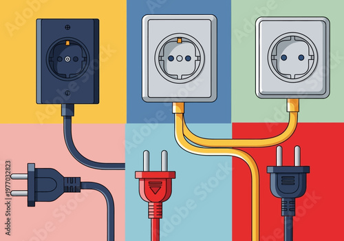 Flat Pop Art Illustration of Electric Plugs and Sockets on Colorful Background, Concept of Energy, Global Power Standards, and Electrical Connectivity