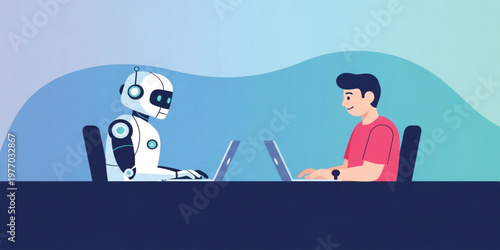 Artificial Intelligence Collaboration Concept with Human and Robot Working on Laptops in Modern Flat Style for Technology, Automation, and Future Workplace Design