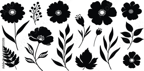 Black Floral Silhouette Set with Decorative Flowers, Leaves, and Botanical Elements in Minimal Style for Elegant Design, Branding, and Nature Illustrations
