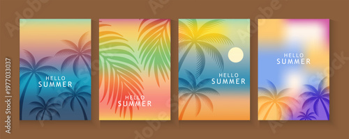 Summer tropical minimal background with tropical palm leaves. colorful gradient tropical leaves nature cards collection for summer holiday or spring poster cover, flayer, abstract background.