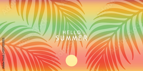 Summer tropical minimal background with tropical palm leaves. colorful gradient tropical leaves nature cards collection for summer holiday or spring poster cover, flayer, abstract background.