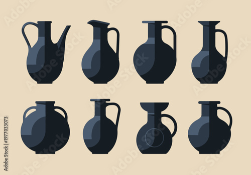 Set of 8 Ancient Pottery Jugs and Ceramic Vase Silhouettes in Modern Flat Vector Style