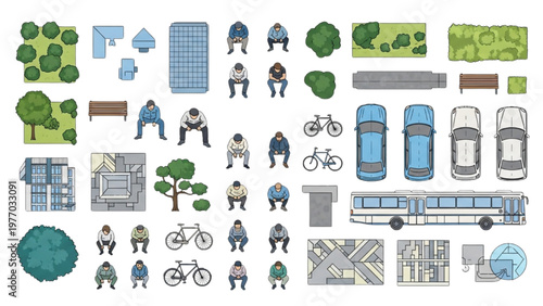 Vector CAD illustration of people riding bicycles near city buildings and buses