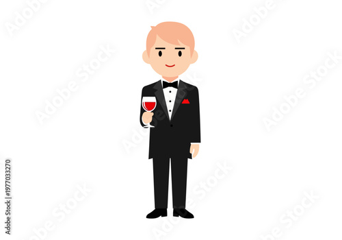 Elegant Man in Tuxedo Holding Red Wine Glass for Celebration, Formal Wear Illustration, Groom or Gentleman Toasting, Vector Character Isolated on White