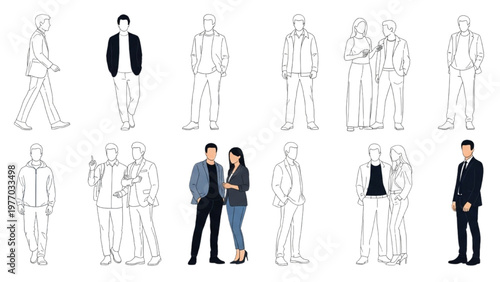 Vector CAD illustrations of people in various business attire poses