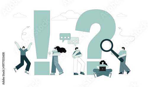 People around exclamation and question marks. Finding an answer to a question. Problem analysis and solution