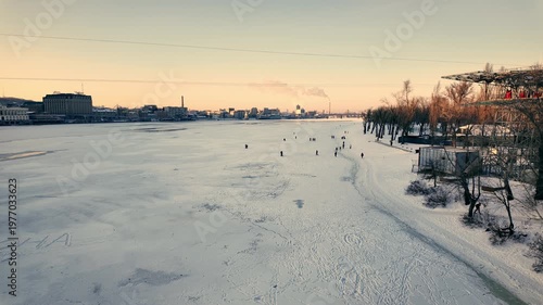 People Walking On Frozen Dnieper River Ice In Kyiv City