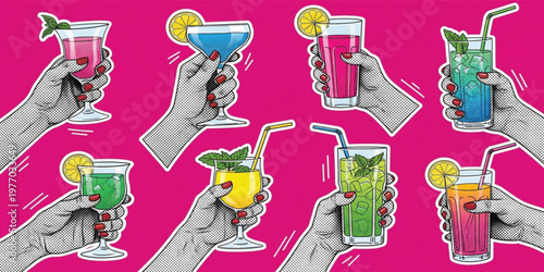 Colorful Cocktail Drinks Set with Hands Holding Fresh Beverages, Lemon and Mint Refreshments, Summer Party Collection, Pop Art Style Vector Illustration Design