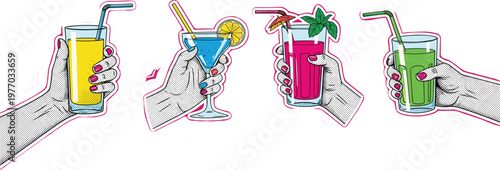 Colorful Summer Cocktail Drinks Collection with Hands Holding Fresh Beverages, Lemon and Mint Garnish, Refreshing Party Set, Pop Art Vector Illustration Design