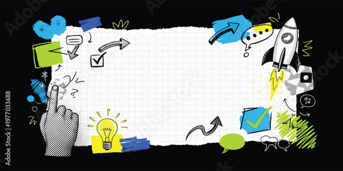 Creative Business Banner with Startup Rocket, Idea Light Bulb, Workflow Arrows and Copy Space, Innovation Strategy Concept, Pop Art Vector Illustration Design