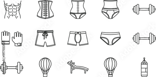 Fitness and Underwear Icon Set with Gym Equipment, Dumbbells, Gloves, Shorts, Corset and Body Elements Outline Vector Design Collection