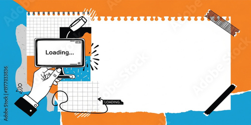 Creative Loading Screen Concept with Hand Holding Monitor, Abstract Collage Elements, and Copy Space for Web Design, Technology, and Digital Interface Background