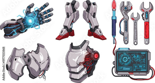 Futuristic Cyberpunk Robot Parts Set with Mechanical Arm, Legs, Armor, Tools and Interface Screen Illustration, Sci Fi Technology Vector Design