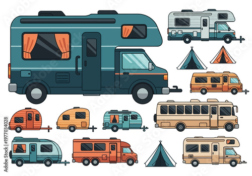 Set of Vector RV Icons: Motorhomes, Camper Vans, Travel Trailers, and Tents for Outdoor Camping Adventures
