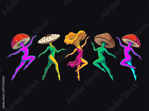 Psychedelic Dancing Mushroom Women Illustration, Surreal Fantasy Fungi Characters, Vibrant Neon Art for Creative Posters and Music Design