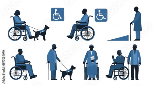Vector CAD illustrations of people with disabilities in various scenarios