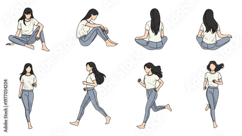 Vector CAD illustrations of a woman in various poses and outfits
