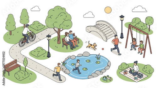 People enjoying outdoor vector CAD illustrations of a lively park scene