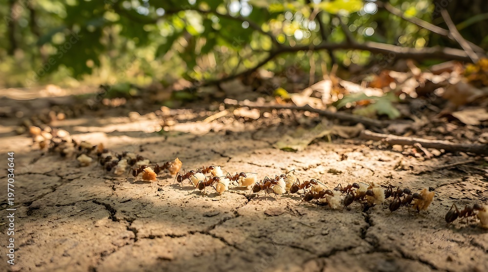 Fototapeta premium Brown Ants Meticulously Carrying Food Pieces in a Single File Line on Dry Forest Ground