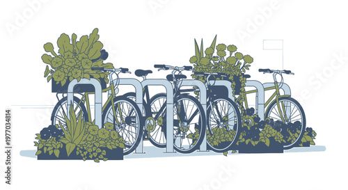 Green Urban Mobility Bicycles Adorned with Flourishing Plants at a Modern Bike Parking Spot
