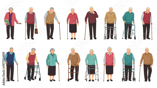 Elderly people with walkers and canes in various poses vector CAD designs