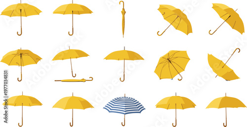 Set of Yellow Umbrellas and Striped Rain Gear Illustrations for Weather, Outdoor, and Fashion Designs