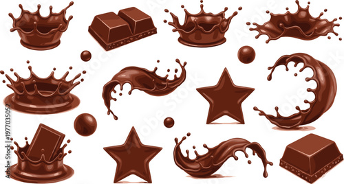 Set of Chocolate Splash, Blocks, and Sweet Treat Illustrations for Dessert, Candy, and Food Packaging Designs