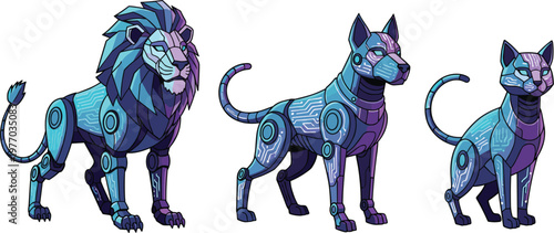 Futuristic Robotic Animals Set with Cyberpunk Lion, Dog and Cat Characters, AI Powered Mechanical Creatures Illustration Vector Design