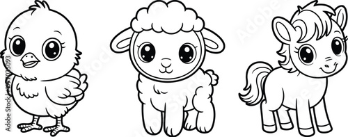 Cute cartoon baby farm animals illustration, chick lamb foal, children coloring page, educational drawing, playful livestock art, black outline