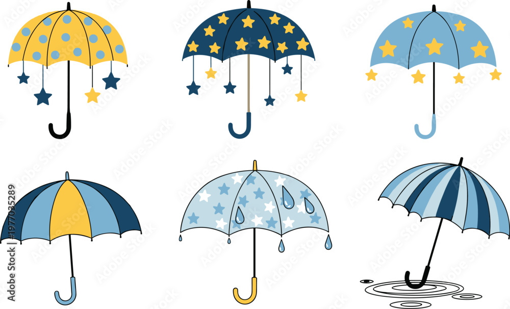 Obraz premium Set of Colorful and Stylish Umbrella Illustrations with Stars, Raindrops, and Fun Patterns for Weather and Fashion Designs
