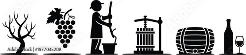 Winemaking process illustration, grapevine to wine glass, vineyard harvest, grape pressing, barrel aging, bottling, serving wine production stages