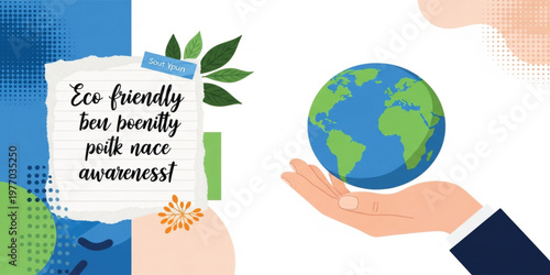 Eco Friendly Awareness Concept with Hand Holding Earth Globe, Green Leaves, and Sustainability Message for Environmental Protection and Nature Conservation Design