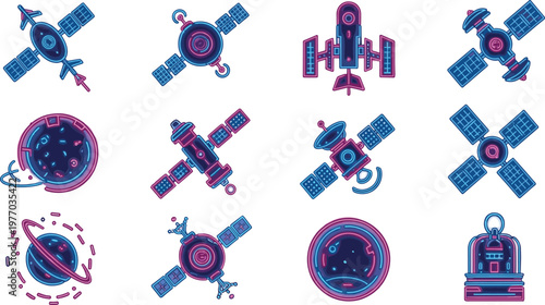 Futuristic Space Satellite and Planet Icon Set with Neon Style Spaceships, Orbit Stations and Cosmic Elements Illustration Vector Design Collection