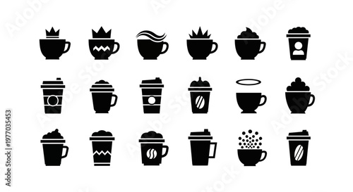 Coffee and hot beverage icons collection. Creative set of coffee cup silhouettes with unique toppings foam art and takeaway container designs for cafe menus