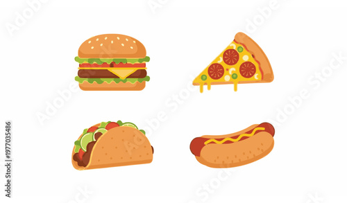 Fast food vector set with burger pizza taco and hotdog minimalist flat illustrations on white background