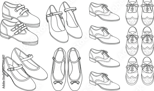 Classic Formal Shoes Outline Icon Set Featuring Elegant Leather Footwear Loafers Oxford and Mary Jane Styles Collection