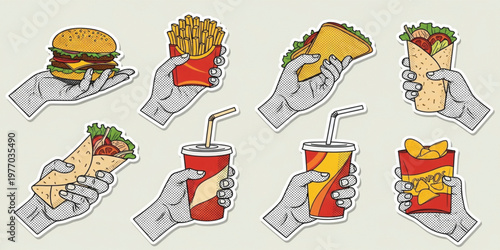 Fast Food Collection in Pop Art Comic Style Featuring Hands Holding Burger Fries Sandwich Wrap Soda and Chips Vector Illustration Set
