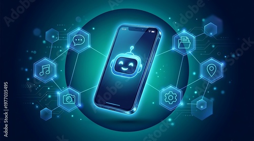 Futuristic smartphone displaying a friendly chatbot surrounded by interconnected digital service